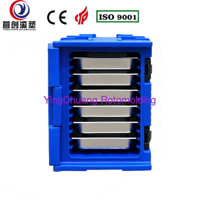 Acquistare YINGCHUANG ROTOMOLDING Scatola isolata blu stampata in rotazionale OEM 90L con rotelle piccole, armadietto per il trasporto di alimenti con vaschetta GN calda e fredda in schiuma PU spessa per mensa da cucina centrale fabbricazione online